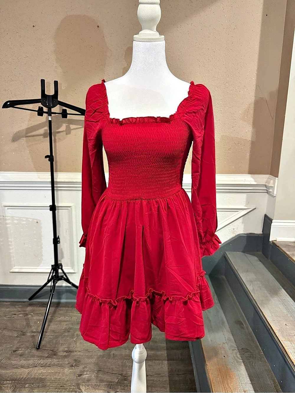 Girls Red Smocked Long Sleeve Dress Size 10-11